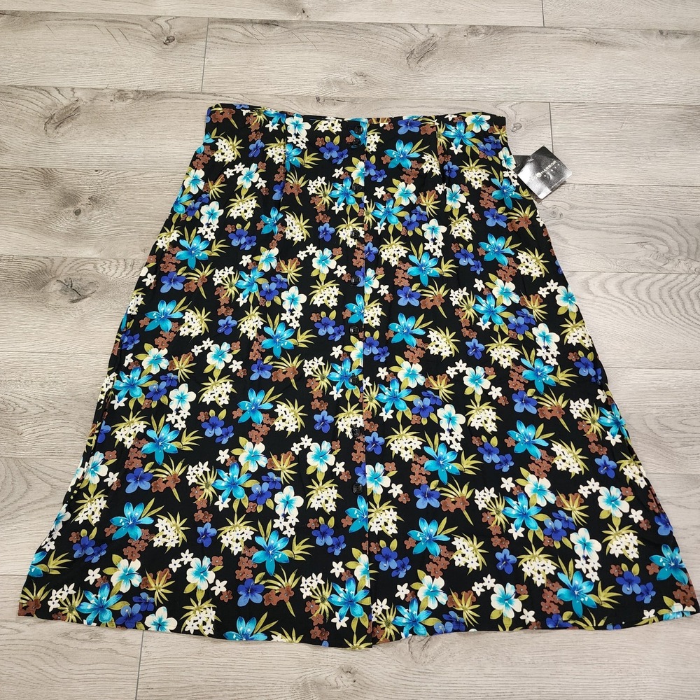 Vtg Midi Skirt Women's Size 2XL Black Floral Button Down Boho Side Elastic NWT